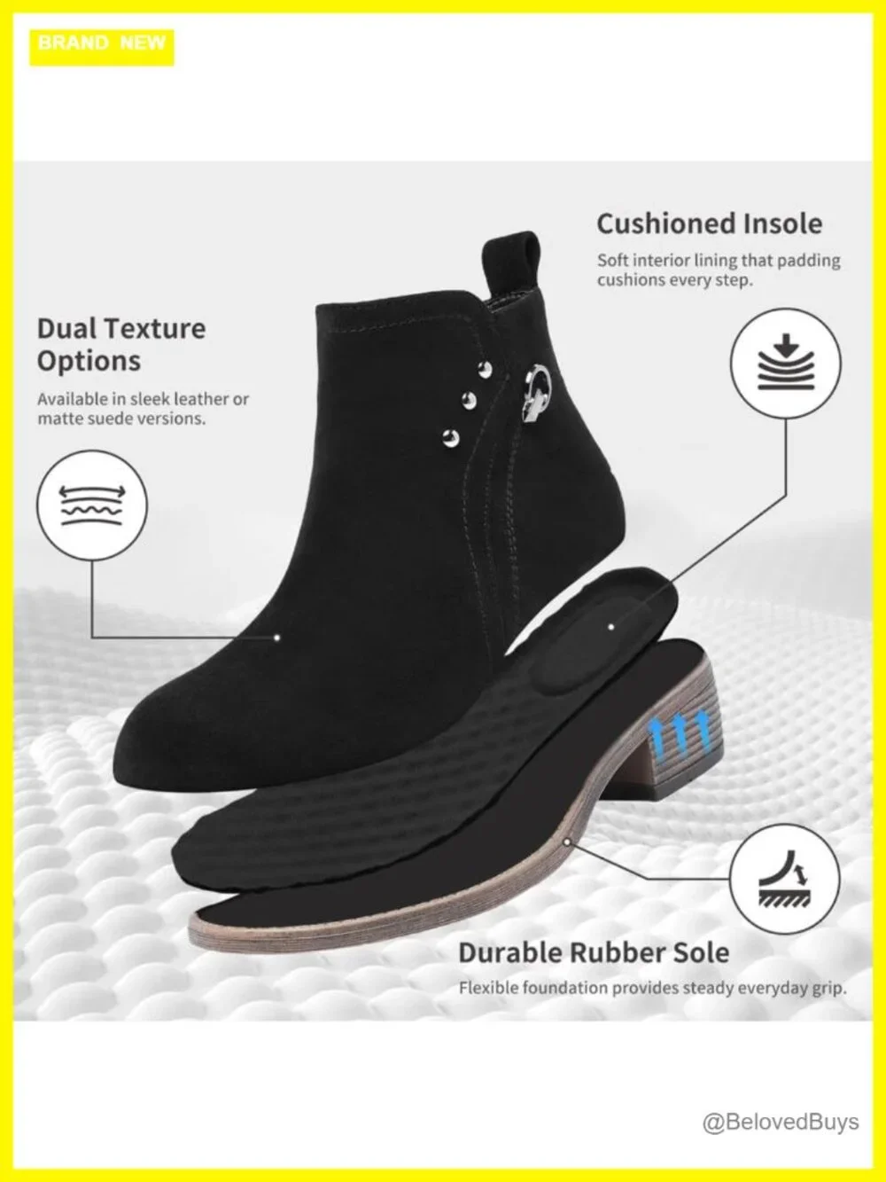 Women's Ankle Boots with Chunky Heel, Side Zipper, Anti-Slip Rubber Sole,